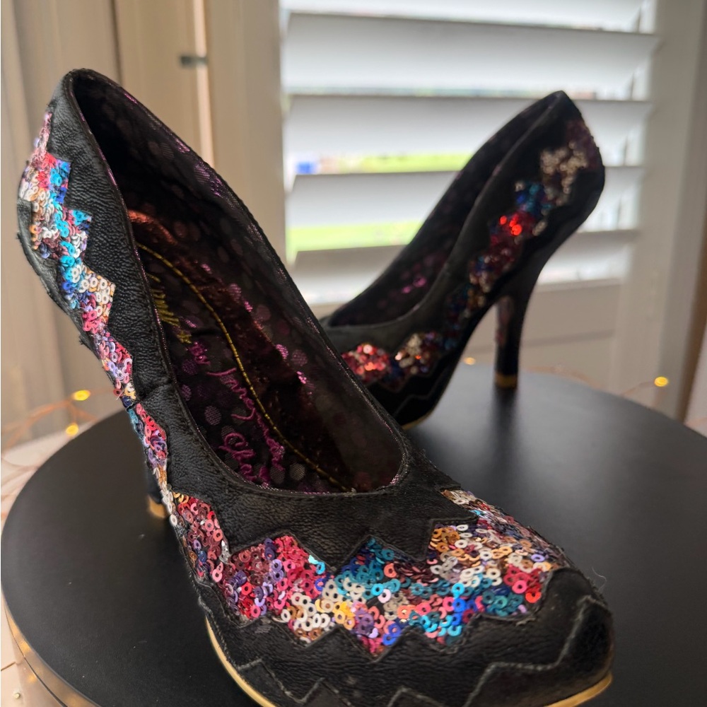 Poetic License by Irregular Choice Women's Black Sequin Zigzag High Heels, 39/8 - Picture 3 of 14